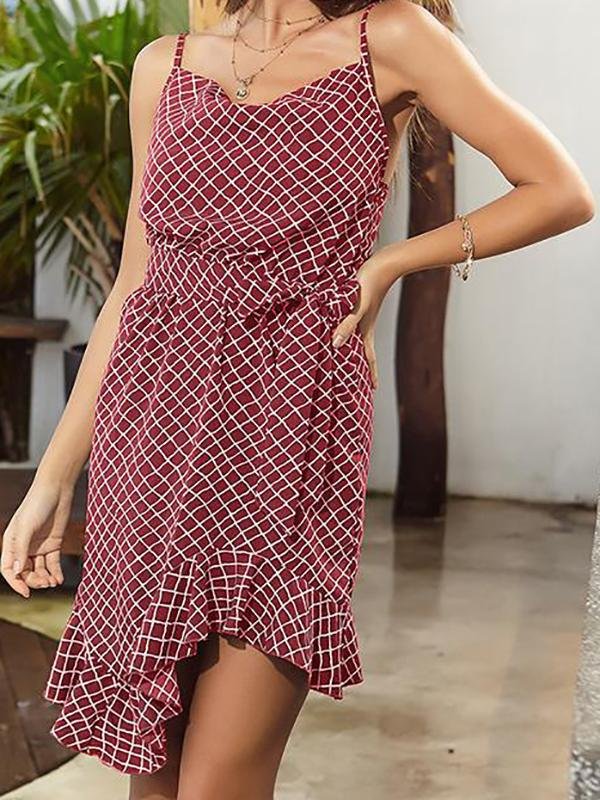 Asymmetry Sling Ruffle Plaid Dress - LuckyFash™