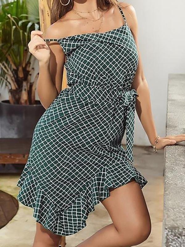 Asymmetry Sling Ruffle Plaid Dress - LuckyFash™