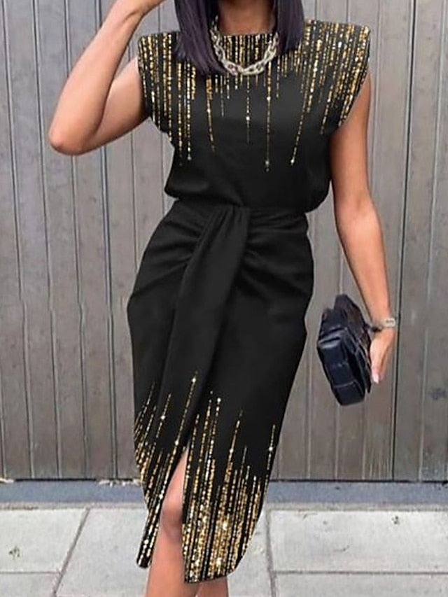 Women's Bodycon Midi Dress Black Short Sleeve Print Sequins Spring Summer High Neck Casual Weekend 2023 S M L XL XXL 3XL - LuckyFash™