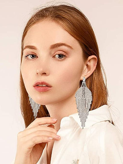 1 Pair Mecresh Silver Rhinestone Crystal Bridal Chandelier Long Tassels Dangle Leaf Earrings for Wedding Party Evening Date - LuckyFash™