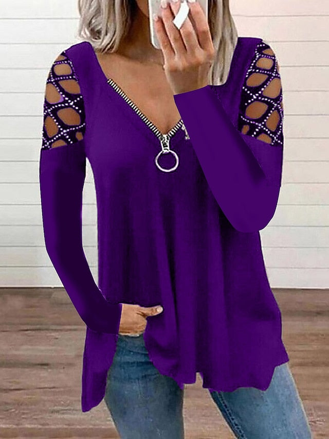 Women's Blouse Black Pink Wine Plain Cut Out Flowing tunic Long Sleeve Casual Weekend Basic V Neck Regular S - LuckyFash™