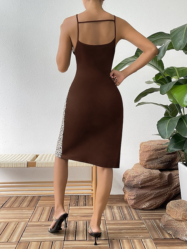 Women's Work Dress Sheath Dress Elegant Mini Dress Cut Out Print Crew Neck Sleeveless Leopard Color Block Regular Fit Black Brown Khaki Summer S M L XL - LuckyFash™