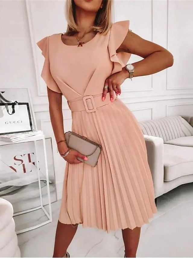 Women's Work Dress Semi Formal Dress Fashion Midi Dress Ruffle Crew Neck Short Sleeve Plain Regular Fit Pink Fuchsia Orange Spring Summer S M L XL XXL - LuckyFash™