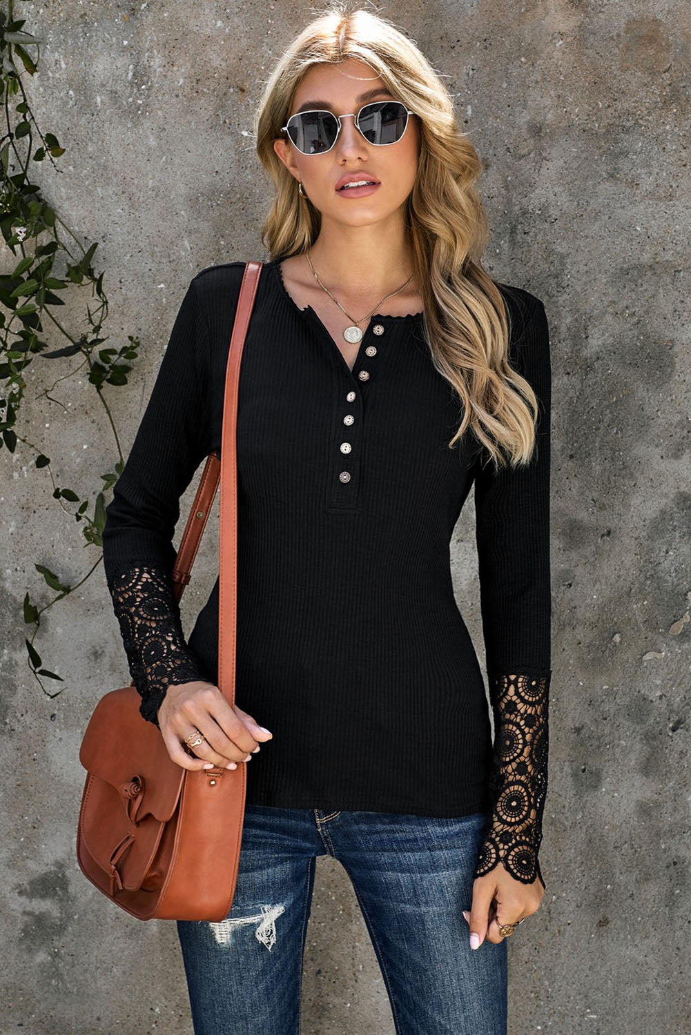 Chic Crochet Lace Trim Button-Up Blouse