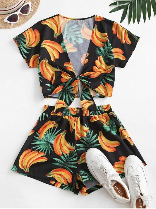 Bananas Print Tie Front Two Piece Set - LuckyFash™