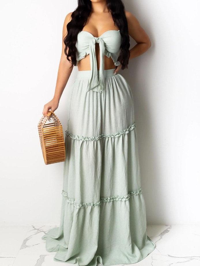 Bandeau Frill Hem Tie Front Top & Maxi Skirt Set - LuckyFash™