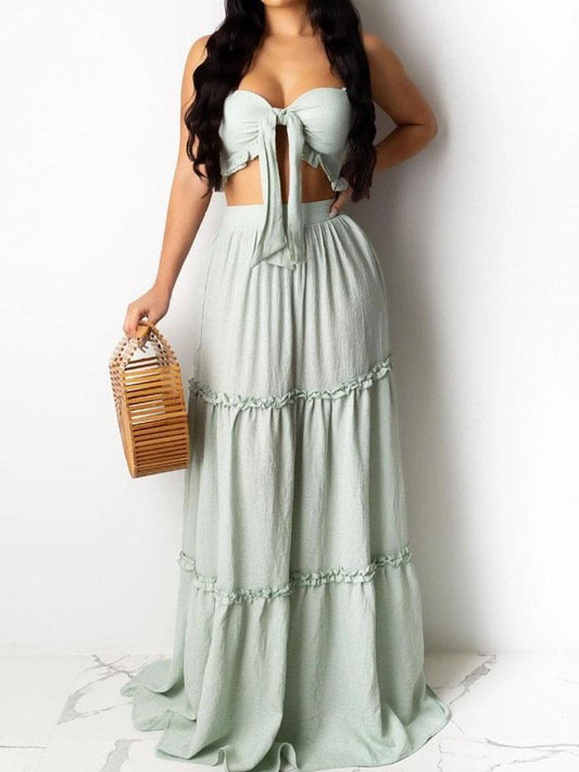 Bandeau Frill Hem Tie Front Top & Maxi Skirt Set - LuckyFash™