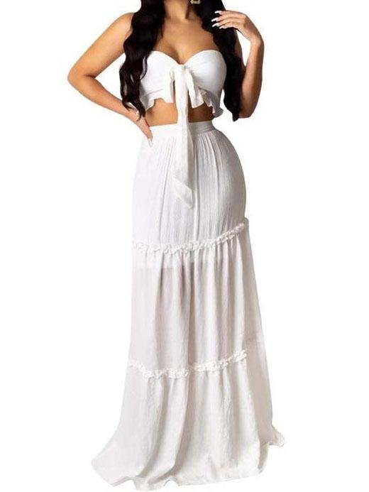 Bandeau Frill Hem Tie Front Top & Maxi Skirt Set - LuckyFash™