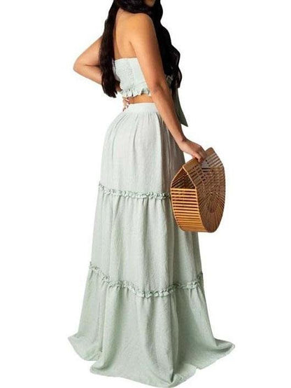 Bandeau Frill Hem Tie Front Top & Maxi Skirt Set - LuckyFash™