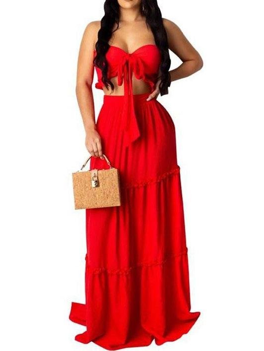 Bandeau Frill Hem Tie Front Top & Maxi Skirt Set - LuckyFash™