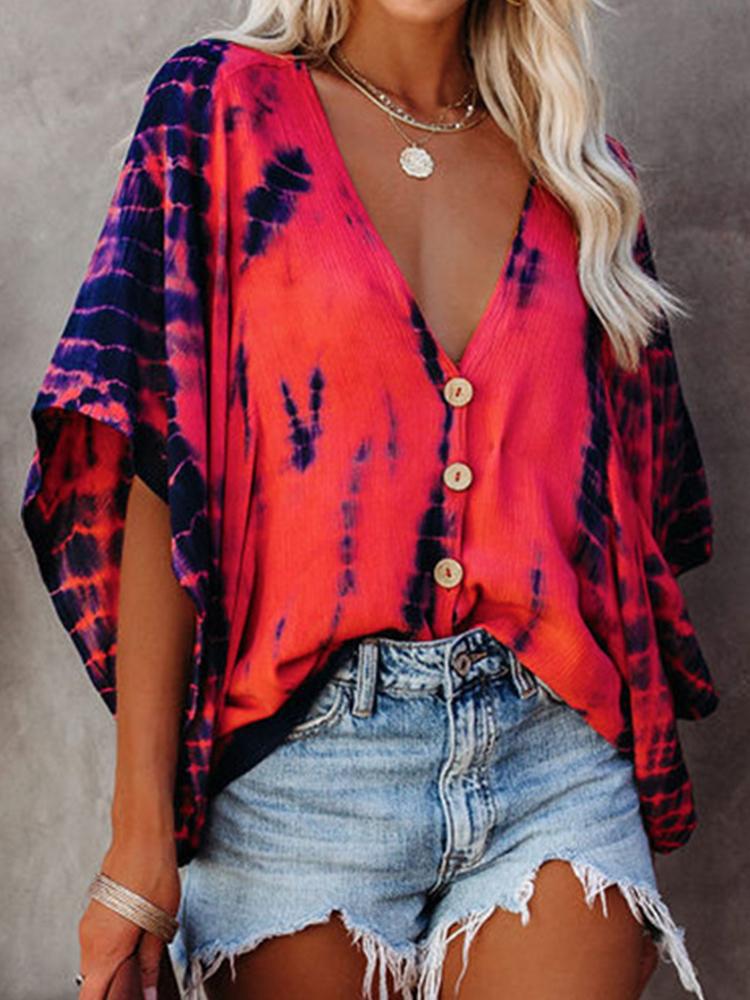 Bat Sleeve Tie-dye Print Blouse - LuckyFash™