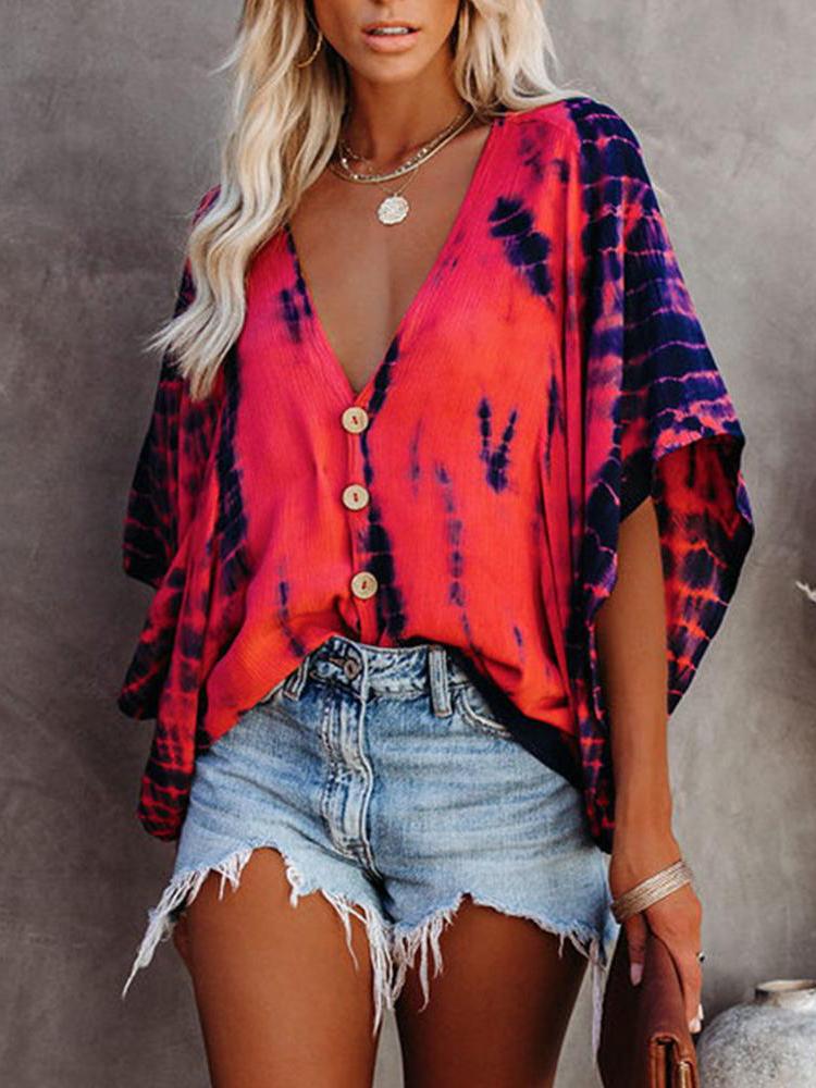 Bat Sleeve Tie-dye Print Blouse - LuckyFash™