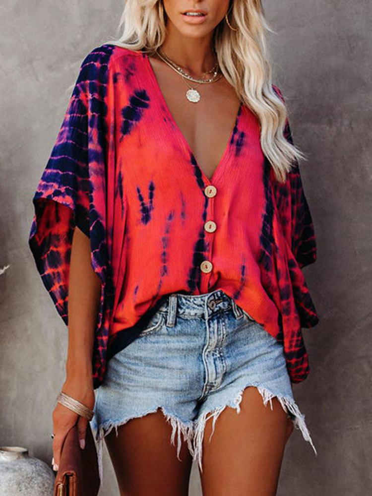 Bat Sleeve Tie-dye Print Blouse - LuckyFash™