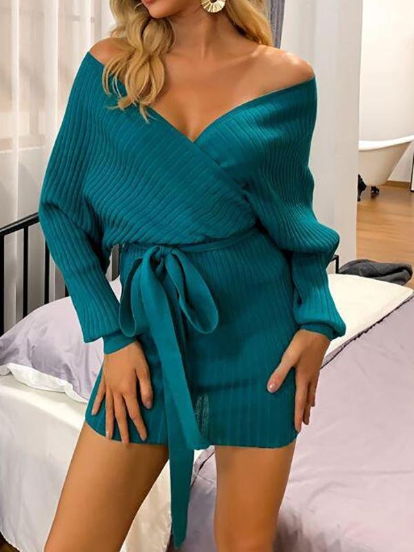 Batwing Sleeve Belted Sweater Dress - LuckyFash™