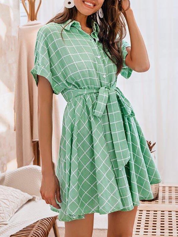 Batwing Sleeve Self Belted Grid Shirt Dress - LuckyFash™