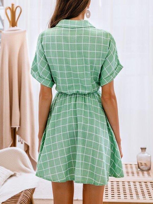 Batwing Sleeve Self Belted Grid Shirt Dress - LuckyFash™