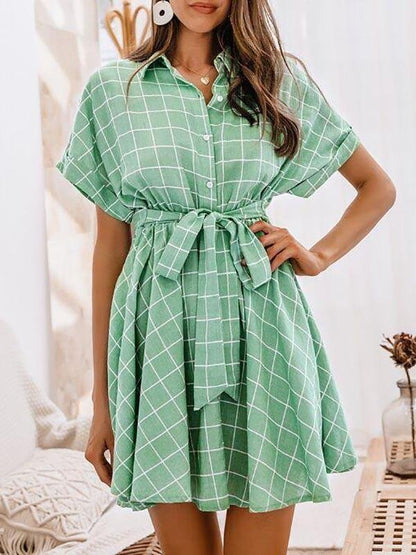 Batwing Sleeve Self Belted Grid Shirt Dress - LuckyFash™