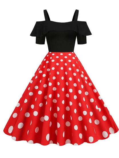 Women's 1950s Vintage Vintage Dress Midi Dress Holiday Date Ruched Print Polka Dot Spaghetti Strap Short Sleeve Regular Fit Summer Spring 2023 Black Yellow S M L XL - LuckyFash™