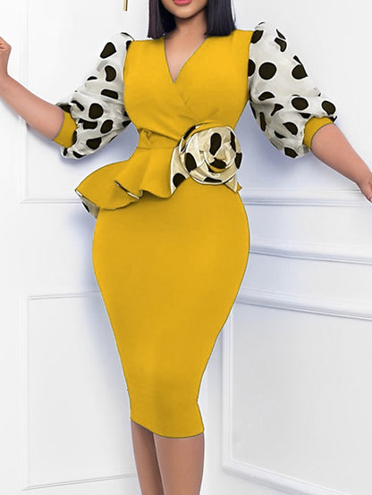 Women's Work Dress Sheath Dress Midi Dress Black Yellow Blue 3/4 Length Sleeve Polka Dot Ruffle Summer Spring V Neck Fashion Office S M L XL 2XL 3XL - LuckyFash™