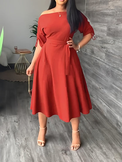 Women's Work Dress Swing Dress Semi Formal Dress Fashion Midi Dress Lace up Off Shoulder Long Sleeve Plain Loose Fit Black Red Blue Summer Spring S M L XL - LuckyFash™