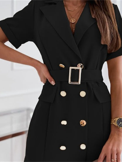 Women's Work Dress Blazer Dress Sheath Dress Mini Dress Black White Pink Short Sleeve Pure Color Lace up Summer Spring Shirt Collar Fashion Loose Fit 2023 S M L XL XXL - LuckyFash™