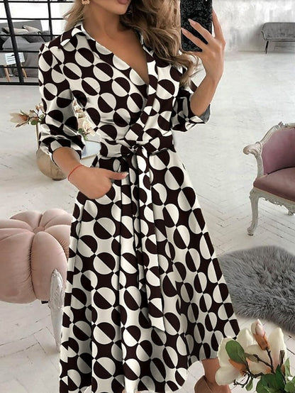 Work Dress Formal Dress Wrap Dress Midi Dress Letter printing Butterfly print Big wave point Long Sleeve Graphic Lace up Summer Spring Shirt Collar Fashion Winter Dress Office Fall Dress  for Women - LuckyFash™