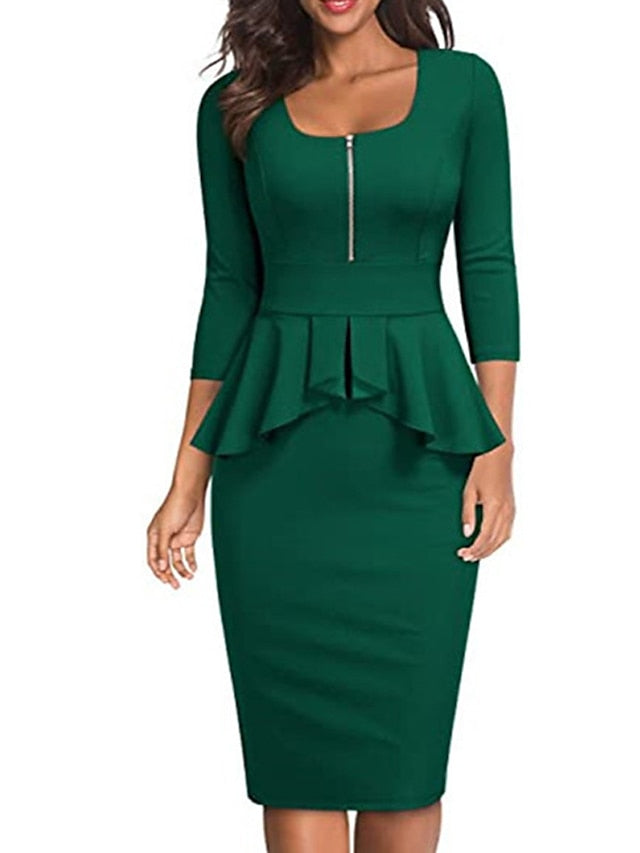 Women's Work Dress Sheath Dress Semi Formal Dress Elegant Midi Dress Ruffle Zipper Square Neck 3/4 Length Sleeve Plain Regular Fit Black Wine Navy Blue Spring Summer S M L XL XXL - LuckyFash™