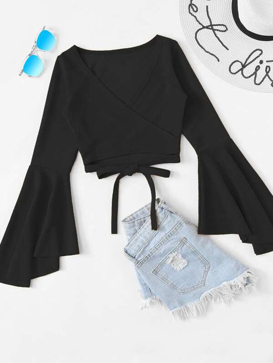 Bell Sleeve Self-Tie Crop Top - LuckyFash™