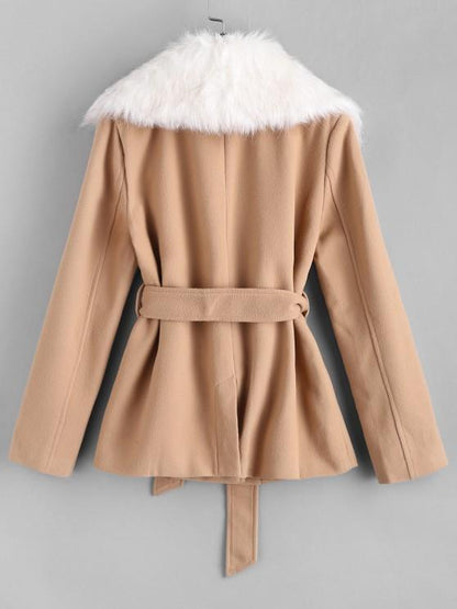 Belted Fur Collar Wool Blend Peacoat - LuckyFash™