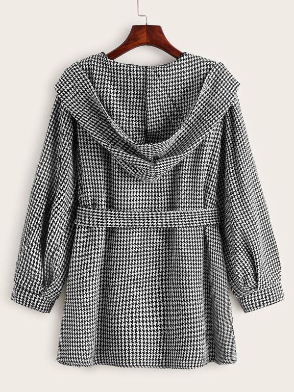 Belted Houndstooth Print Hooded Coat - LuckyFash™