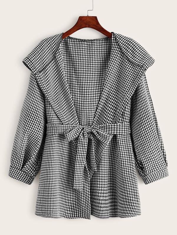 Belted Houndstooth Print Hooded Coat - LuckyFash™