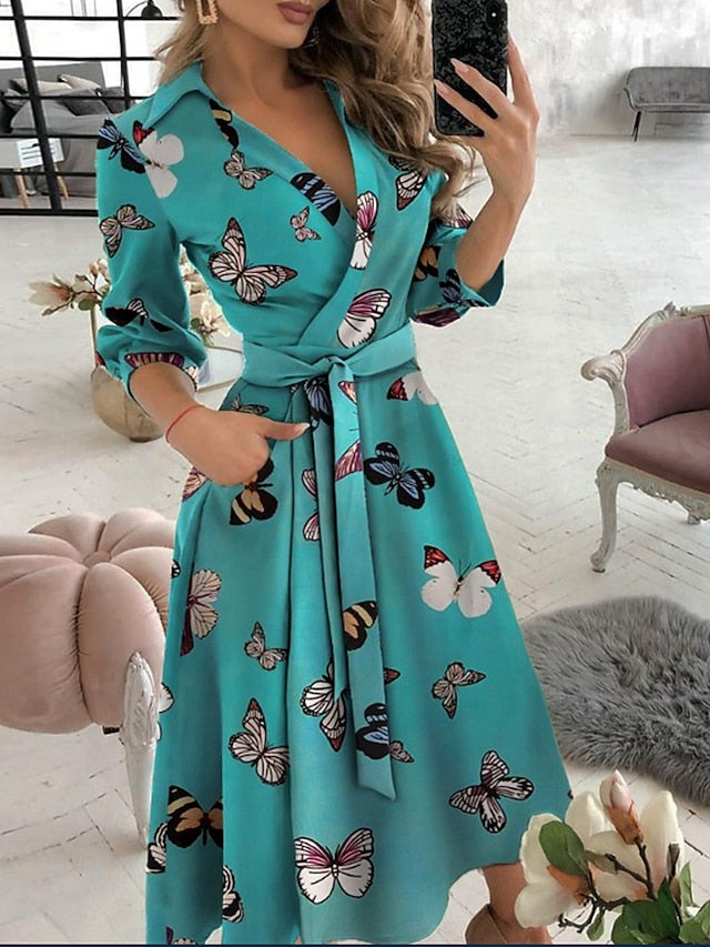 Womenâ€˜s A Line Dress Midi Dress Tie dye Letter printing Butterfly print Big wave point Small dots Diamond printing Black khaki Sky Blue Red Long Sleeve Print Butterfly Pure Color Lace up Pocket - LuckyFash™