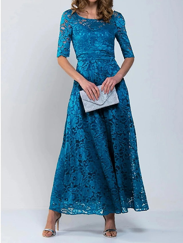 Women's A Line Dress Maxi long Dress Royal Blue Lace Dress Half Sleeve Floral Solid Color Ruched Print Spring Summer Crew Neck Stylish Elegant 2023 S-3XL - LuckyFash™