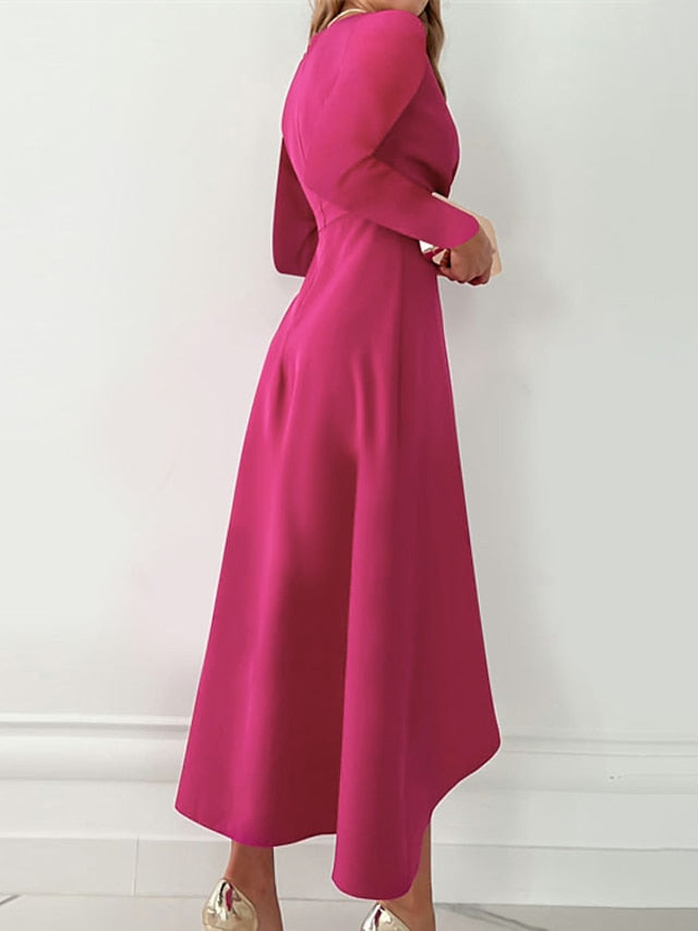 Womenâ€˜s Work Dress Midi Dress Black Red Fuchsia Long Sleeve Pure Color Ruffle Summer Spring Fall V Neck Stylish Summer Dress Daily Vacation 2023 S M L XL XXL - LuckyFash™