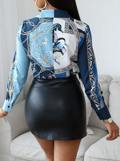 Bird Scarf Print Long Sleeve Shirt - LuckyFash™