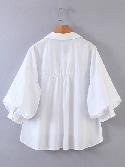 Bishop Sleeve High Low Button Up Blouse - LuckyFash™