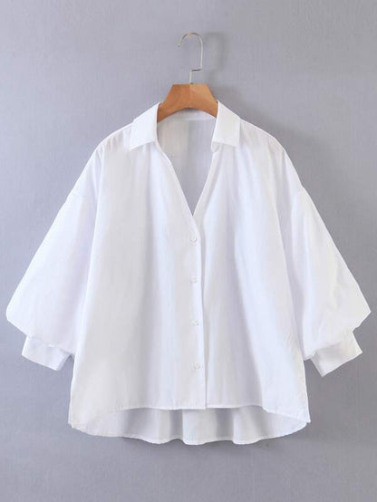 Bishop Sleeve High Low Button Up Blouse - LuckyFash™