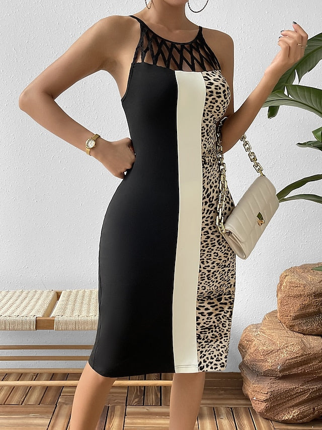 Women's Work Dress Sheath Dress Elegant Mini Dress Cut Out Print Crew Neck Sleeveless Leopard Color Block Regular Fit Black Brown Khaki Summer S M L XL - LuckyFash™