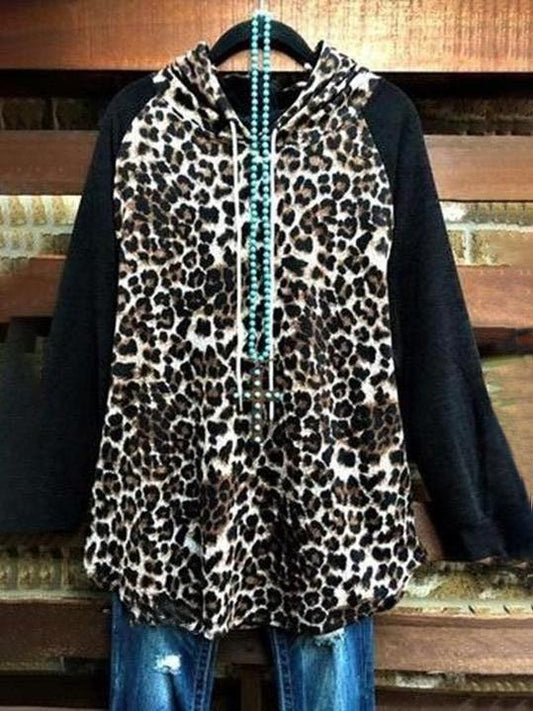 Black Cotton-Blend Leopard Long Sleeve Hoodies - LuckyFash™