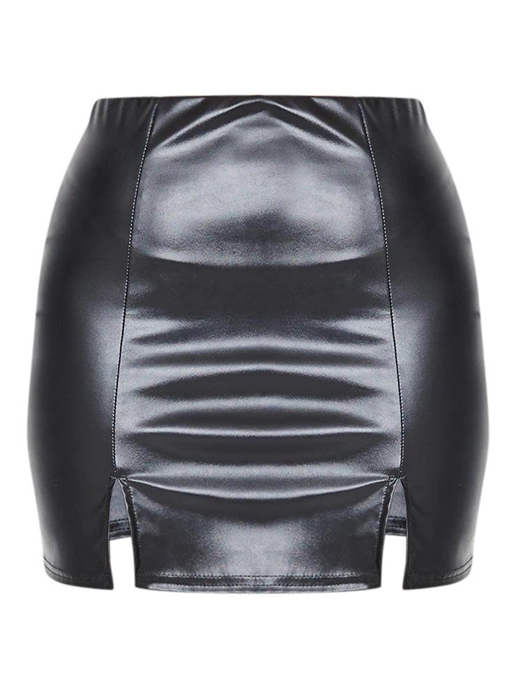 Black Faux Leather Split Hem Mini Skirt - LuckyFash™