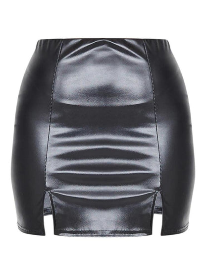 Black Faux Leather Split Hem Mini Skirt - LuckyFash™