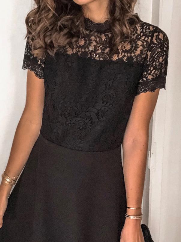 Black Lace Short Sleeve Mini Dress - LuckyFash™