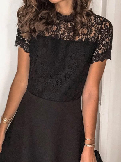 Black Lace Short Sleeve Mini Dress - LuckyFash™