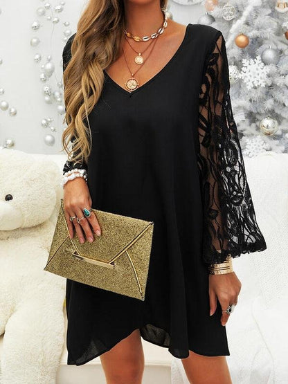 Black Lace Sleeve Casual Round Neck Dress - LuckyFash™