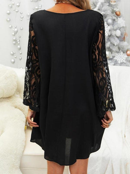 Black Lace Sleeve Casual Round Neck Dress - LuckyFash™