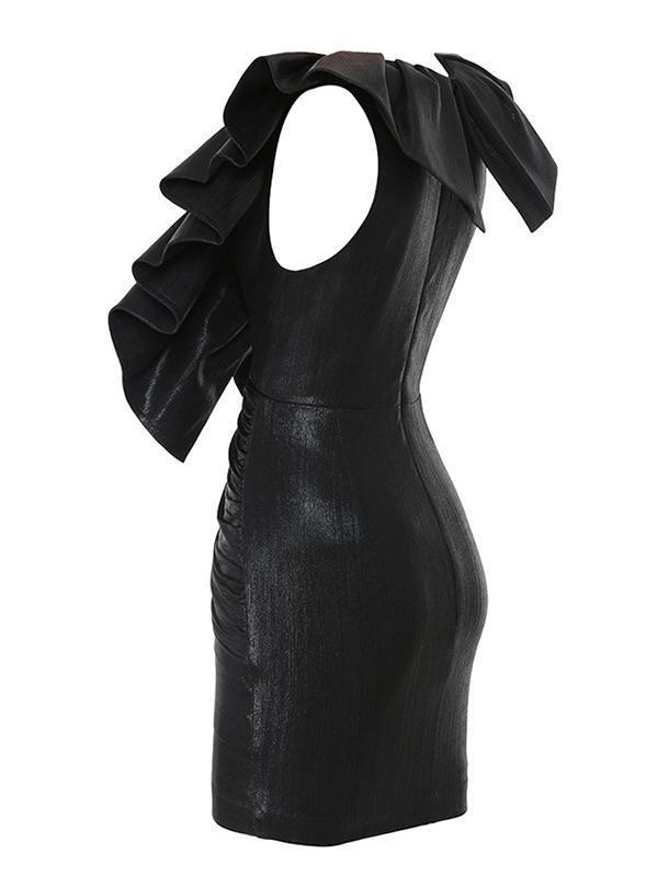 Black Sleeveless Ruffle Ruched Hip Slim Mini Dress - LuckyFash™