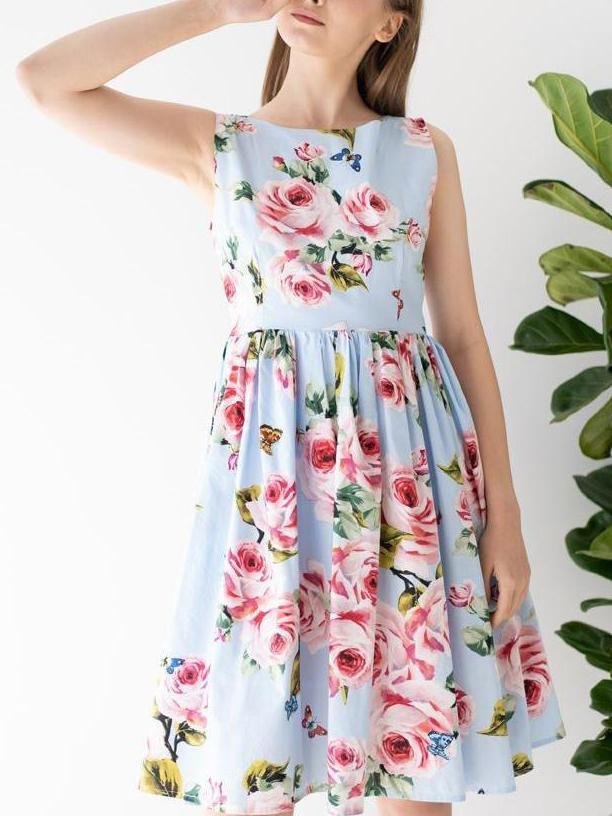 Blooming Pink Rose Printed Pleated Cotton Dress In Blue - LuckyFash™