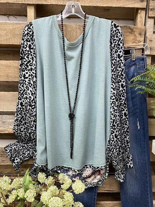 Blue Cotton-Blend Leopard Shift Long Sleeve Shirts & Tops - LuckyFash™