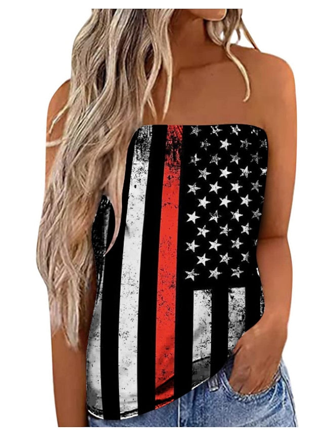 Women's Bandeau Black Red Blue American Flag Stars and Stripes Backless Print Sleeveless Party Weekend Streetwear Casual Strapless Regular Independence Day S - LuckyFash™