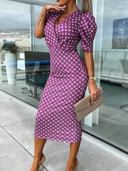 Women's Work Dress Sheath Dress Semi Formal Dress Fashion Puff Sleeve Midi Dress Print V Neck Short Sleeve Geometric Loose Fit Blue Purple Fuchsia Summer Spring S M L XL XXL - LuckyFash™